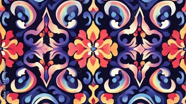 Fototapeta Vibrant floral damask forming a seamless pattern, ideal for luxurious textiles, wallpaper, or decorative projects