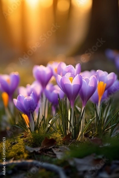 Fototapeta Beautiful crocuses blooming in a meadow at sunset, a sign of the beginning of spring