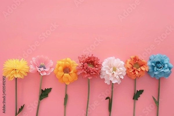 Fototapeta Top view of colorful flowers arranged in row on pink background, Ai generated