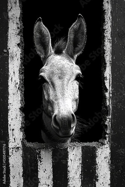 Obraz A black and white photo of a donkey looking out of a window