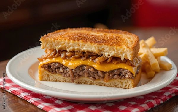 Fototapeta diner-style presentation of a Whataburger patty melt on a white plate with a red gingham napkin. The sandwich is sliced in half to reveal layers of melted cheese, beef, and onions, paired with a side