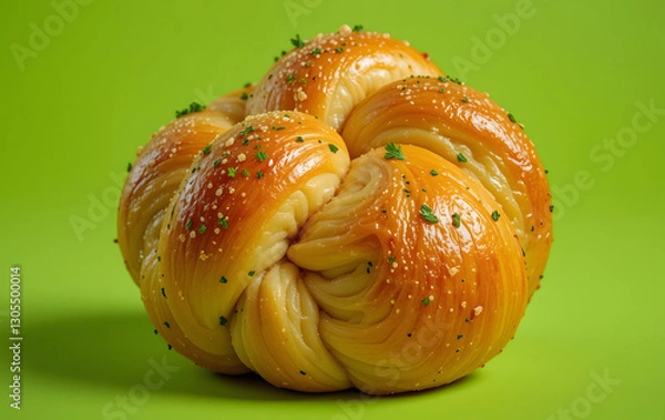 Fototapeta A perfectly cooked golden brown garlic knot made of dough sprinkled with parsley standing up shot straight on with shadow underneath, shot on a lime green background with studio lighting, vibrant colo
