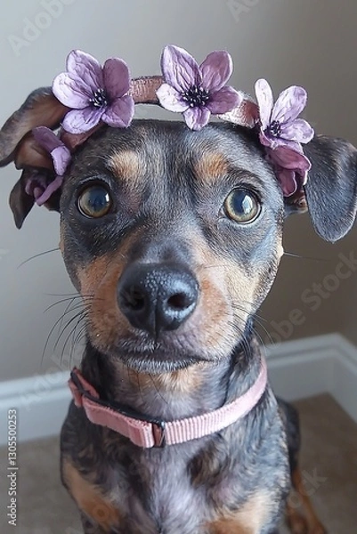 Obraz A dog with a flower crown on its head