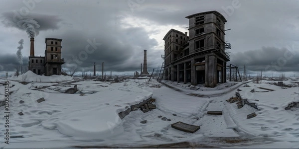 Obraz Full 360 degrees seamless spherical panorama HDRI equirectangular projection of the icy post-apocalyptic world. Texture environment map for lighting and reflection source rendering 3d scenes.