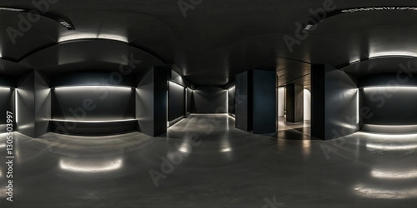 Obraz Full 360 degrees seamless spherical panorama HDRI equirectangular projection of minimalist interior with black walls. Texture environment map for lighting and reflection source rendering 3d scenes.