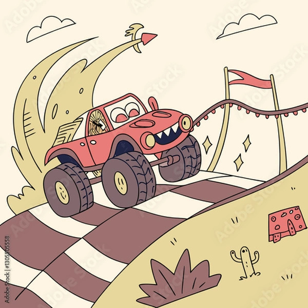Obraz A bold and dynamic cartoon monster truck vector artwork with oversized wheels and a powerful design, perfect for posters, t-shirts, stickers, and digital projects.