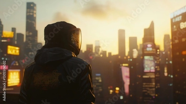 Fototapeta Cyberpunk biker wearing futuristic helmet and jacket, admiring city skyline at sunset. Generative ai illustrations