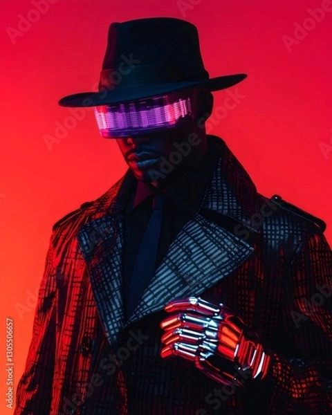 Fototapeta Cyberpunk noir detective wearing futuristic visor and robotic hand. Generative ai illustrations