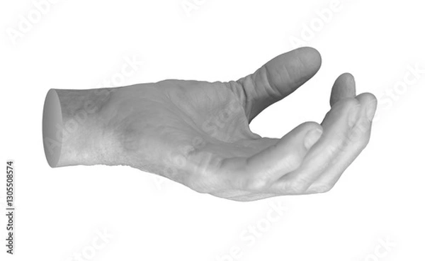 Fototapeta Elderly hand with open, cupped palm, offering support or help. Fingers slightly curled, facing upward in a symbolic gesture of receiving or donation. Wrinkled, aged skin details visible. Close up,