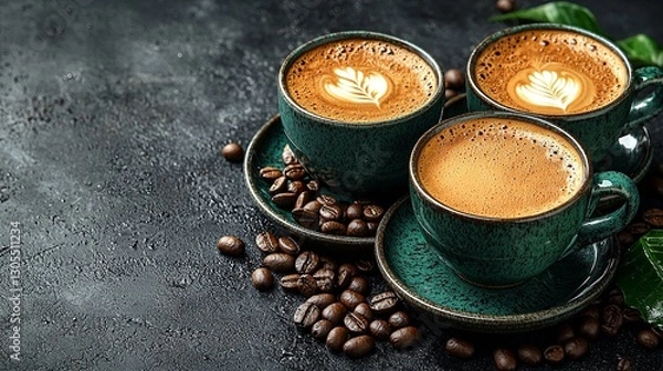 Fototapeta Three cups of coffee with latte art and coffee beans