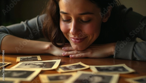Obraz Smiling woman gazing at vintage photos on table. AI image