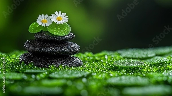 Fototapeta A stack of black stones with two white daisies on top of them