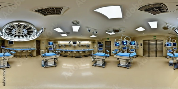 Obraz Full 360 degrees seamless spherical panorama HDRI equirectangular projection of hospital interior with adjustable beds.. Texture environment map for lighting and reflection source rendering 3d scenes.