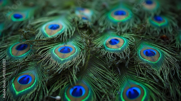 Fototapeta Macro Shot of Water Droplets on the Shimmering Tail Feathers of a Peacock