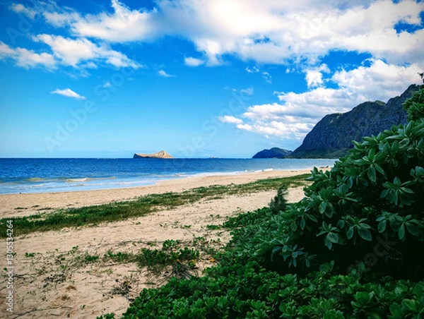 Fototapeta Waimanalo Beach on Oahu showcases pristine sands and crystal blue waters under a vibrant sky filled with clouds