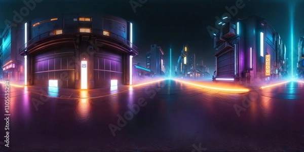 Obraz Full 360 degrees seamless spherical panorama HDRI equirectangular projection of Cyberpunk Night City Tron Future. Texture environment map for lighting and reflection source rendering 3d scenes.