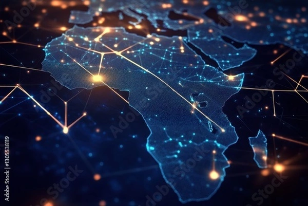 Obraz Africa network map with connected server nodes on a dark theme background