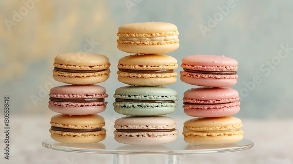 Fototapeta Pastel assortment of delicate French macarons stacked on a clear stand crispy shells and smooth ganache centers capturing an airy confectionery appeal