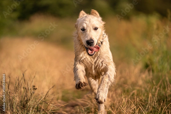 Obraz Szczęśliwy, brudny i mokry Golden Retriever w biegu