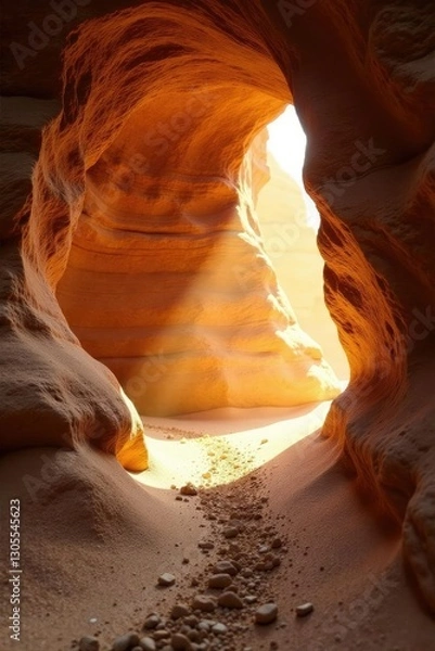 Obraz Warm light pours into the cave through a narrow opening in sandstone wall, natural, sand, archway