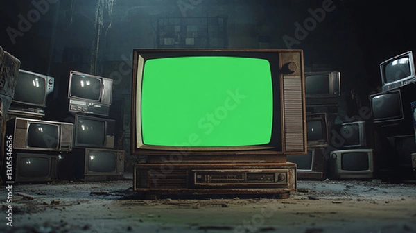 Fototapeta artistic 3d rendered tv monitor in front of stack old classics television with green screen random positions in empty room dynamic composition cinematic lighting video element chroma key video element
