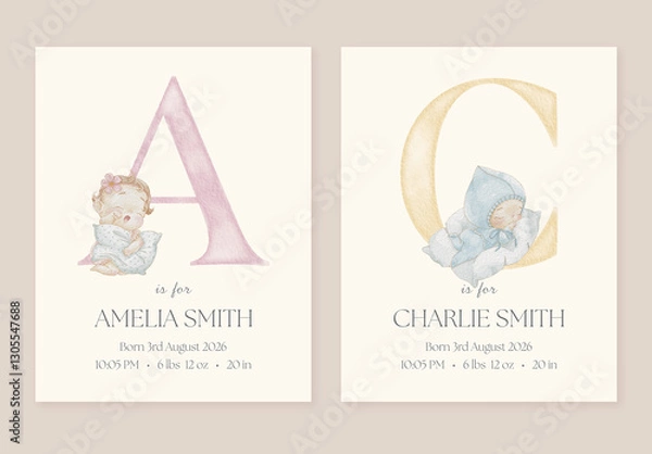 Obraz Personalized baby name poster with sleeping boy and girl with pillows. Editable Letter Monogram. Perfect for nursery decor, birth metrics, and newborn gifts. Watercolor style with soft pastel tones.