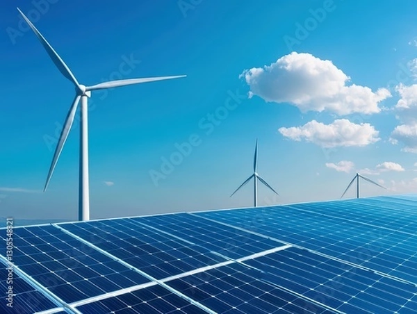 Fototapeta Wind Turbines and Solar Panels Under Clear Sky Emphasizing Renewable Energy Concept