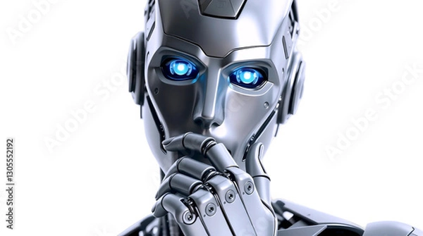 Obraz A highly detailed humanoid robot with metallic silver skin gazes directly into the camera lens with a contemplative expression as it assumes the classic thinker pose, its right hand cradling its chin