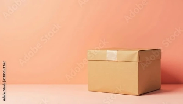 Fototapeta Cardboard container placed at an angle against a soft peach colored surface,, plain surface, angle shot