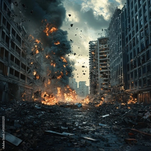 Fototapeta Destruction unfolds in a city after a fierce explosion during the late afternoon hours