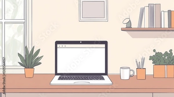 Fototapeta Home office workspace with a laptop and a cup of coffee on a desk.