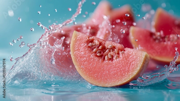 Fototapeta Fresh pink guava slices creating splashes in clear water under bright lights