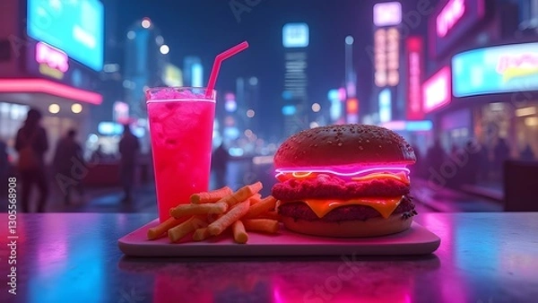 Obraz Cyberpunk neon fast food with glowing aesthetic, futuristic design, and vibrant lighting