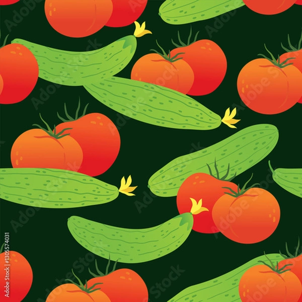 Fototapeta cucumbers and tomatoes on an endless dark background. ripe vegetables. healthy food ingredients