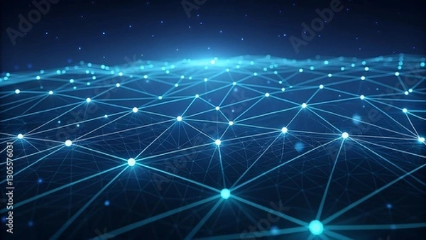 Fototapeta Abstract digital network of glowing dots and lines connected in a futuristic data grid, forming a complex structure against a dark background.