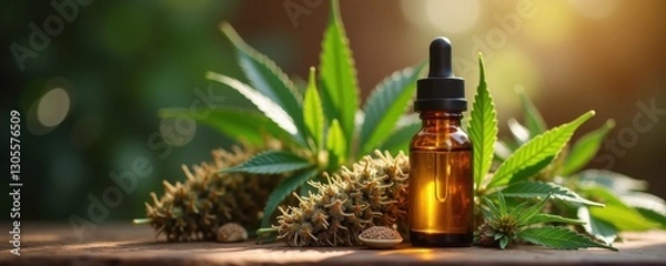 Fototapeta A serene setting featuring a glass dropper bottle of cbd oil surrounded by fresh cannabis leaves and buds, ideal for wellness and holistic health themes.
