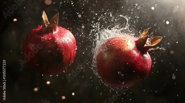 Fototapeta Two Red Pomegranates with Water Splash Displayed on a Dark Background
