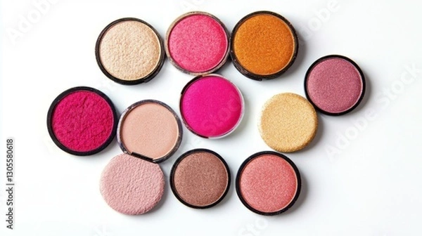 Obraz Set of eyeshadow refills in bright colors, beige, brown red, pink shades isolated on white background. Top view of Swatches Eyeshadows as christmas tree, makeup for cosmetic, makeup, beauty