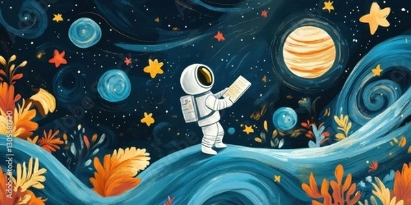 Obraz An astronaut reading a book while exploring a cosmic landscape