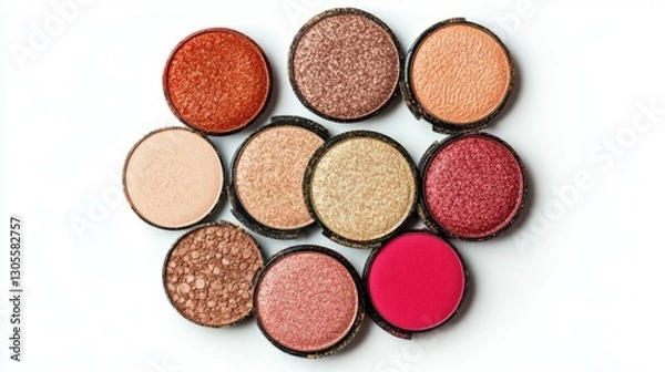Obraz Set of eyeshadow refills in bright colors, beige, brown red, pink shades isolated on white background. Top view of Swatches Eyeshadows as christmas tree, makeup for cosmetic, makeup, beauty