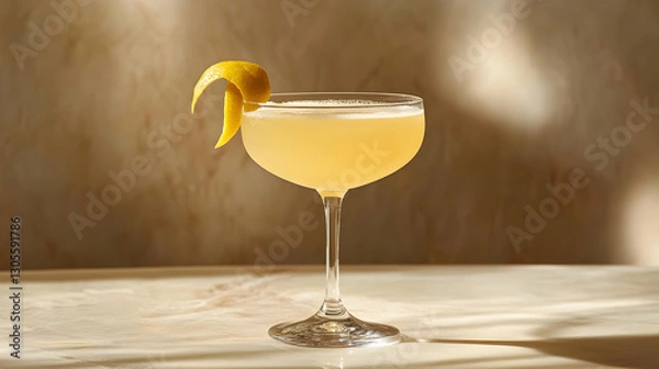 Fototapeta Elegant citrus-infused cocktail with a lemon twist, presented against a light champagne-toned background