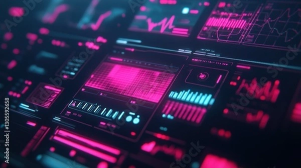 Obraz A Glowing Digital Dashboard Displaying Futuristic Graphical User Interface Elements