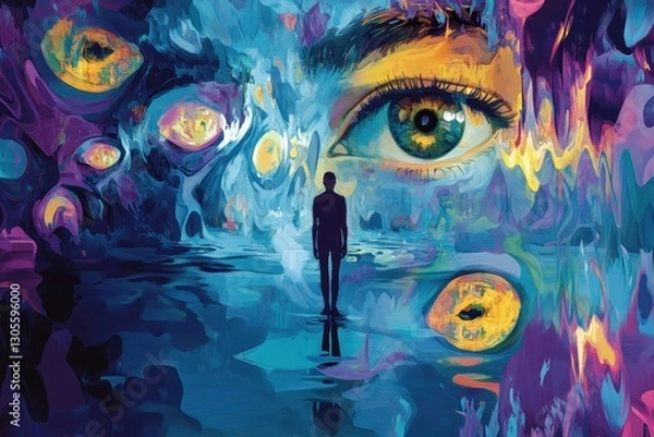Obraz A solitary person stands before a giant observing eye depiction