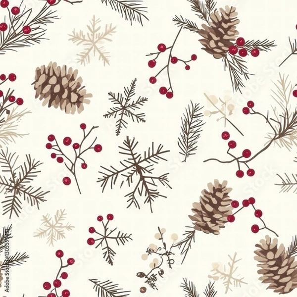 Obraz Natural holiday pattern featuring pinecones, berries, and winter foliage on a light background in a seasonal design. Generative AI