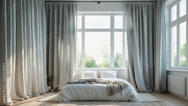 Fototapeta Modern Minimalist Bedroom Interior Design with Large Window and Linen Curtains