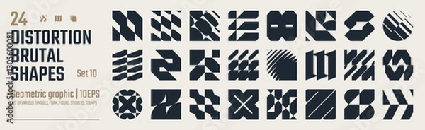 Fototapeta Postmodern abstract geometric graphic elements, Refraction and distortion glass effect various form, Brutalist vector shapes, trendy retro design symbols in Y2K aesthetics, vintage stickers, set 10