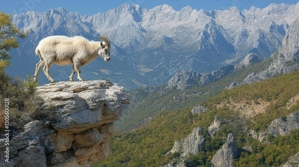 Obraz A mountain goat stands on a rocky cliff overlooking a range