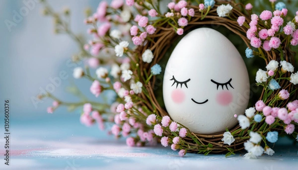 Fototapeta happy Easter egg with cute faces in floral wreath crowns on brown burlap background. Easter eggs with flowers and sleepy eyes in flowers. Happy Easter concept