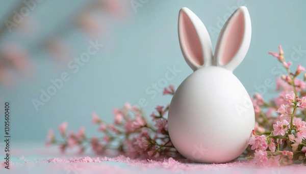 Fototapeta The Easter Bunny's ears stick out from behind a row of eggs. Easter composition on yellow background with copy space.