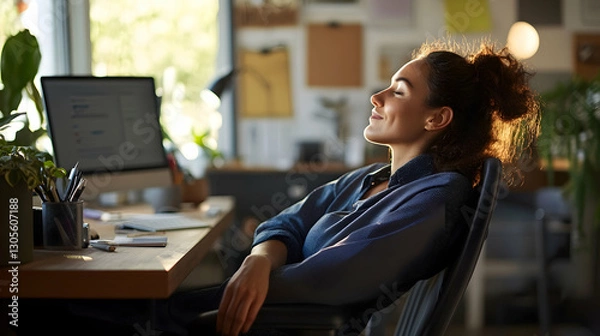 Fototapeta A woman leans back in a casual office, taking a break from work in a peaceful and productive setting
